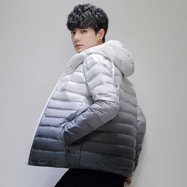 

light and thin men's down jacket 2022 new gradual color hoodie winter warm jacket casual men's wear, Black