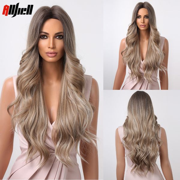 

lx brand long wave brown blonde synthetic wigs ombre water wavy middle part wig for black women cosplay fake hair heat resistant naturalfact
