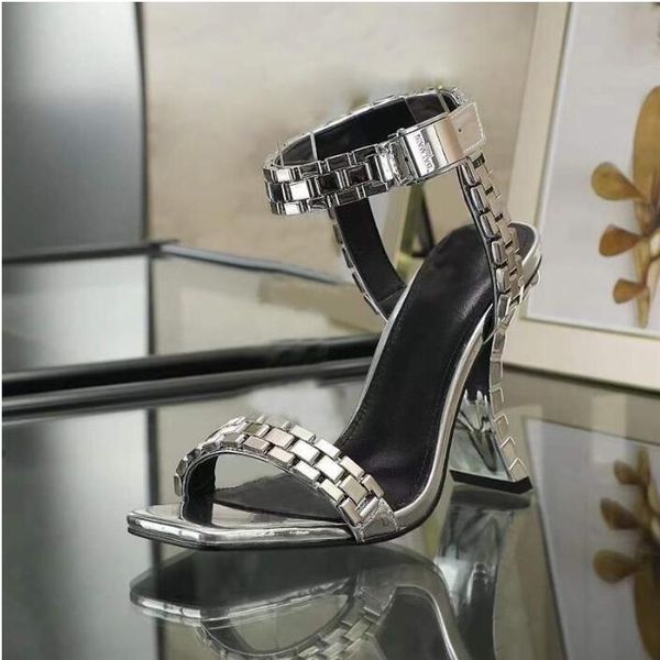 

chain-link detailed ankle strap sandals square head chunky high-heeled fashion 105mm pumps heel shoe for women party evening shoes open toe, Black