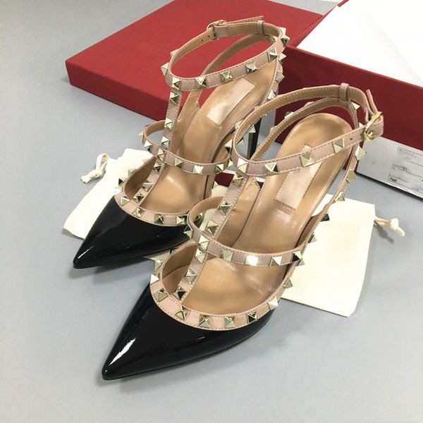 

designer sandals v rivets high heels pointed shoes 6cm 8cm 10cm classics two belts shallow genuine leather nude black red wedding shoes with