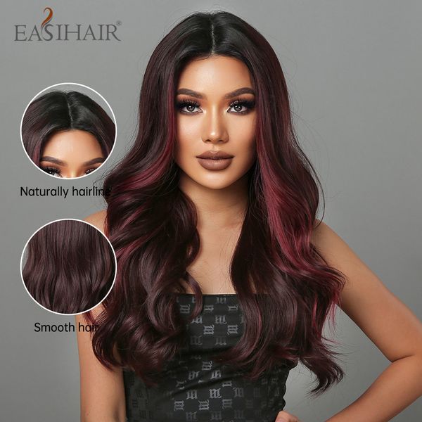 

wine red lace front long wavy synthetic wig for black women daily cosplay t part lace wig with baby hair heat resistantfactory direct