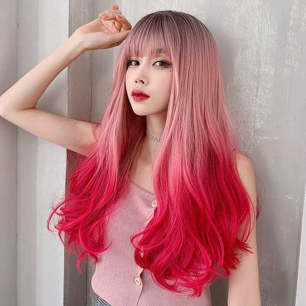 

hair lace wigs wig female long net red gradient big wave curly fashion pink head hair set, Black