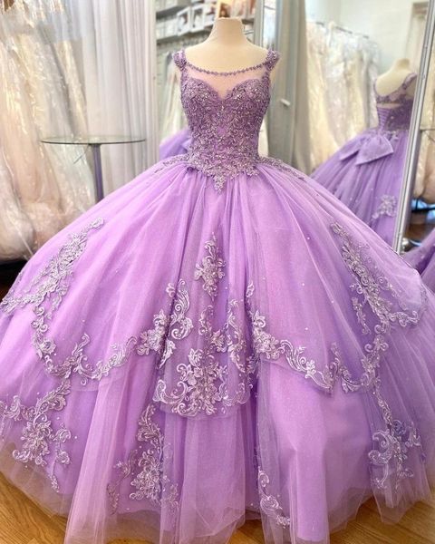 

2023 lavender quinceanera dresses lace applique tiered beaded corset back scoop neck custom made sweet 16 princess party ball gown vestidos, Blue;red