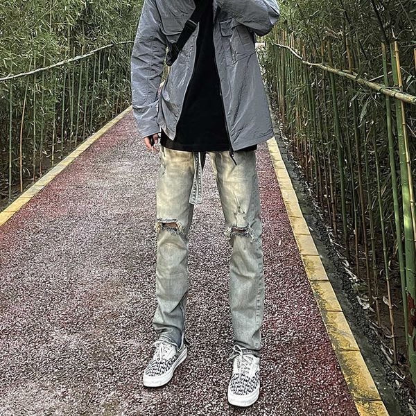 

fashion men's fog pants jeans zipper slim high street vibe hip hop holes streamer male justi biber ripped fit designer luxury, Blue