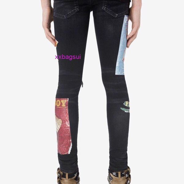 

designer jeans for mens amirs 21ss autumn and winter new european and american style broken hole rabbit stamping portrait black denim pa, Blue