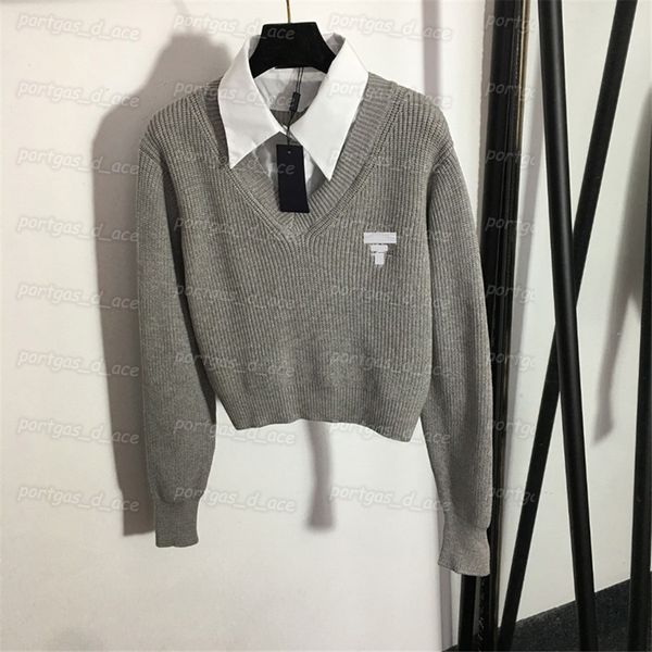 

fake two piece womens sweaters long sleeve shirt lapel jumper sweater autumn spring women knits