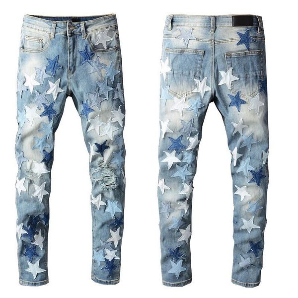 

jeans for men skinny straight slim hip hop ripped star patches patchwork motorcycle biker jean pants, Blue