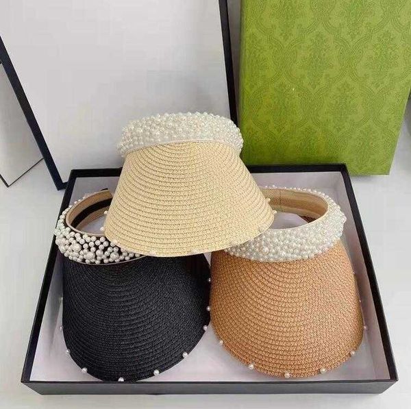 

women's imitation pearl empty straw sun hat casual summer beach designer hats wide brim sunscreen outdoor sports cap outdoor caps 2023, Blue;gray
