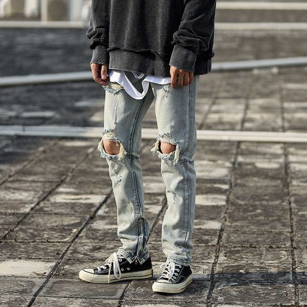 

fashion jeans men's pants fog style high street washed hip hop broken slim fit ins beggar men justi biber ripped designer, Blue