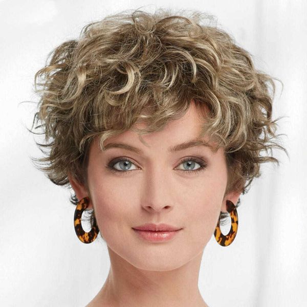 

hair lace wigs wig female short curly hair mixed color ffy mechanism chemical fiber high temperature silk head set wigs, Black