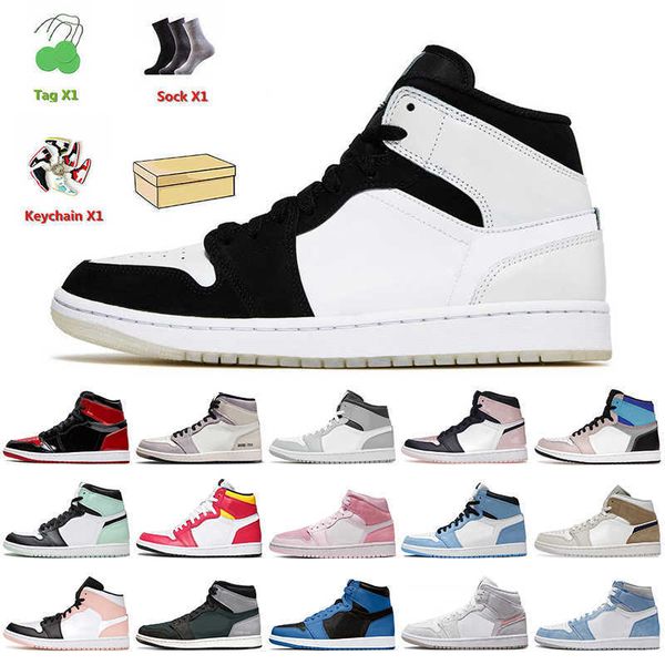 

2023 new jumpman 1 basketball shoes women mens with socks trainers diamond shorts tan suede high og patent bred light smoke grey, Black