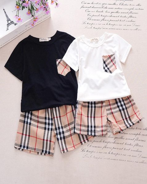 

2022 new spring baby clothes set boy girl plaid pocket short sleeved shirt plaid shorts 17 years old suit kids children039s 2026322, White