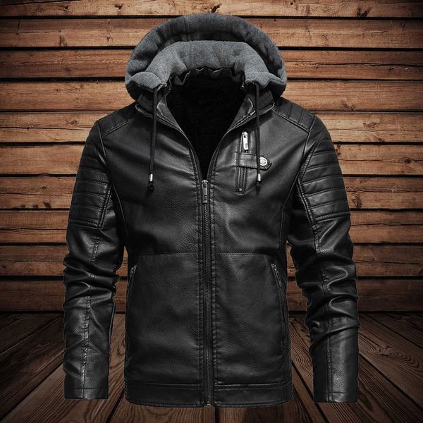 

men's hoodies & sweatshirts fleece leather with hood detachable autumn winter fur lined warm biker jacket motorcycle coats men fashion, Black