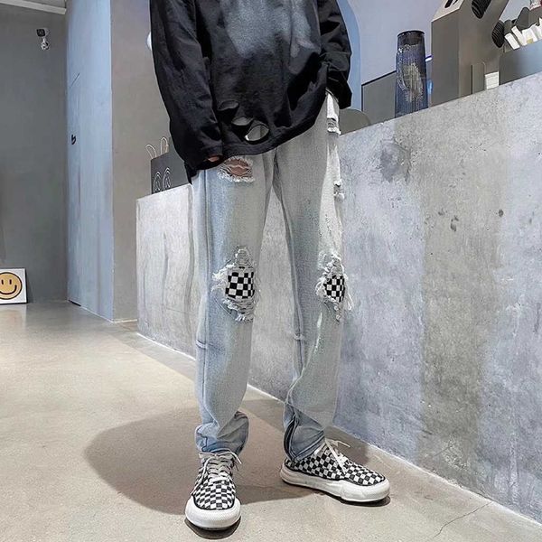 

fashion jeans men's pants fog plaid patch men slim straight high street trousers holes hip hop beggar justi biber ripped fit designer, Blue
