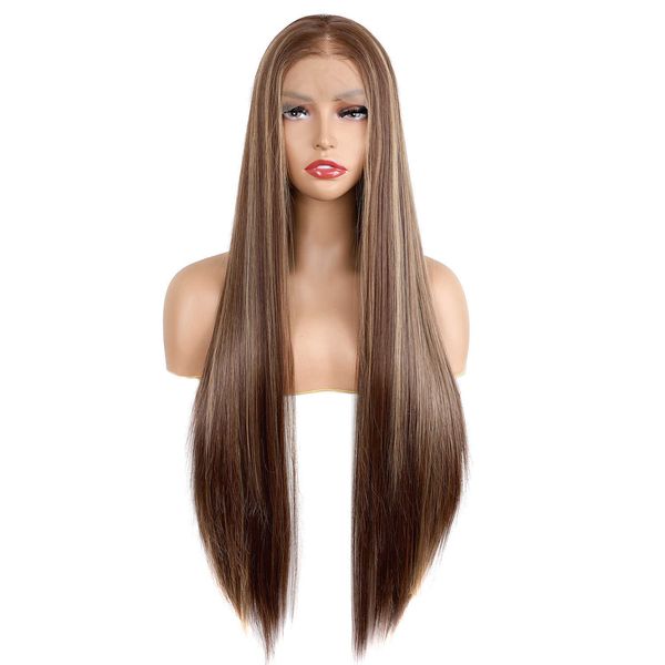 

hair lace wigs front lace long straight hair women's middle differentiation fiber head cover highlight wig, Black