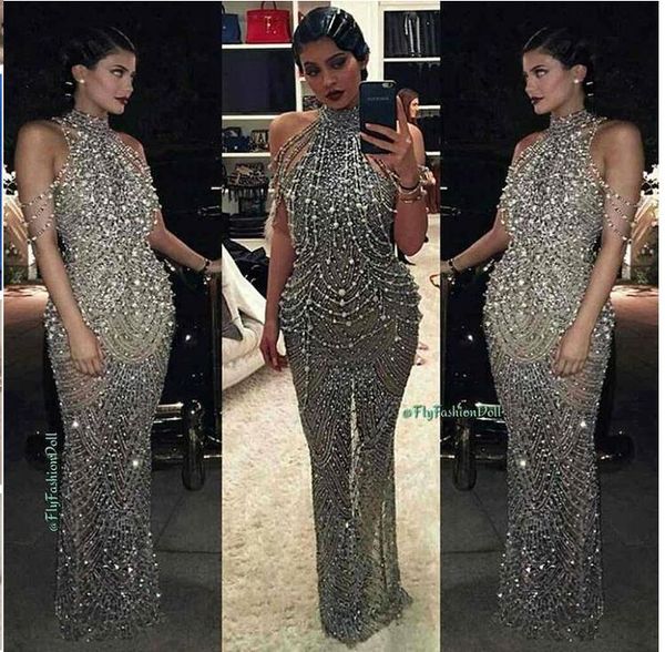 

evening dress high-neck silver beads tassel mermaid gold long dress lace long sleeve tassel appliques kylie jenner yousef aljasmi women clot, Black;pink