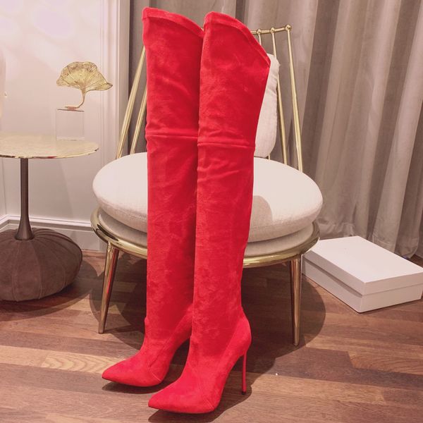

knee-high suede boots pointed toe leather outsole thigh-high boot fashion stretch 120 mm stiletto heel boot for women luxury designer shoes, Black