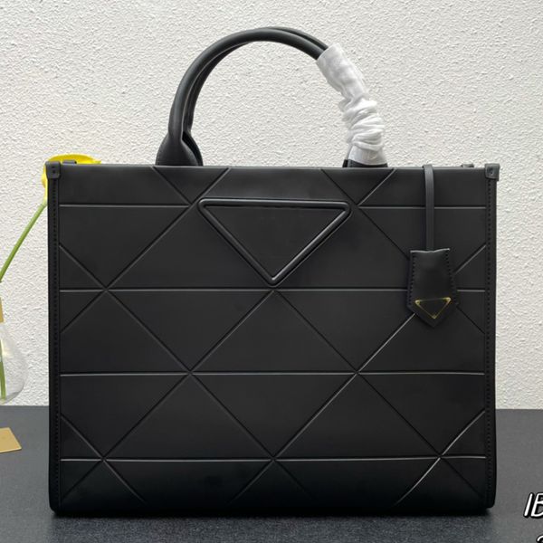 

large capacity tote bag real leather handbag elegant design shopping bags stitched triangle sign metal letter removable keychain nylon