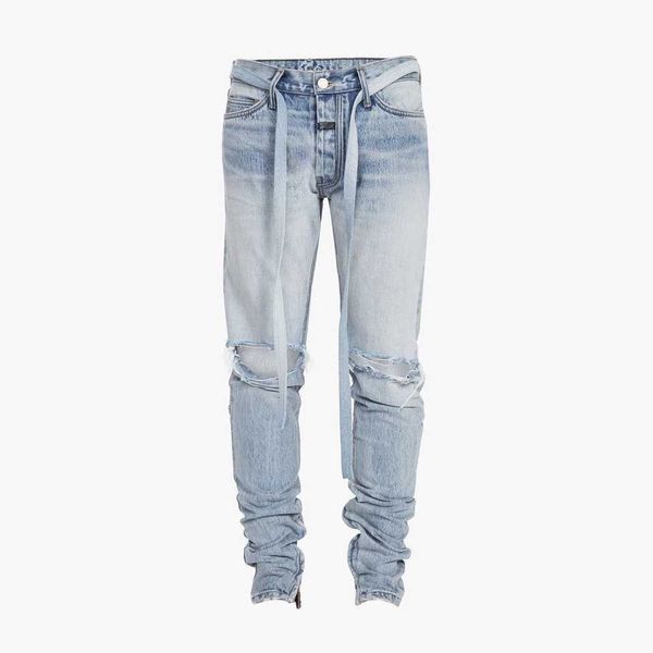 

pants men's fog jeans fashion high style blue perforated beard zipper streamer wash justi biber ripped hip hop slim fit designer luxury