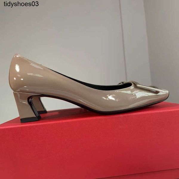 

paris designer roger viver same soft cow patent leather fashion small square head square button women's viv choc metal buckle patent le, Black