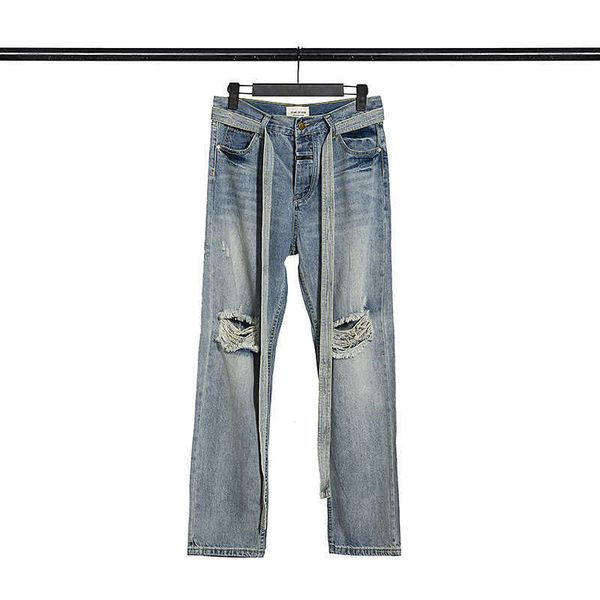 

fog jeans fashion pants men's strap zipper justi biber ripped hip hop slim fit designer luxury elastic y2k with strip cotton trousers, Blue