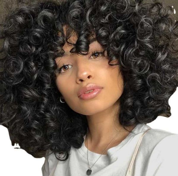 

hair lace wigs short hair small curly head cover chemical fiber high temperature silk afro wigs, Black