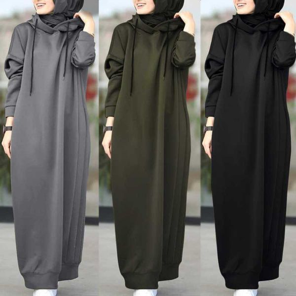 

muslim autumn women's dress solid color plush hooded drawstring loose casual pocket long sleeve women's sweater dresses s-xxxl, Black;gray
