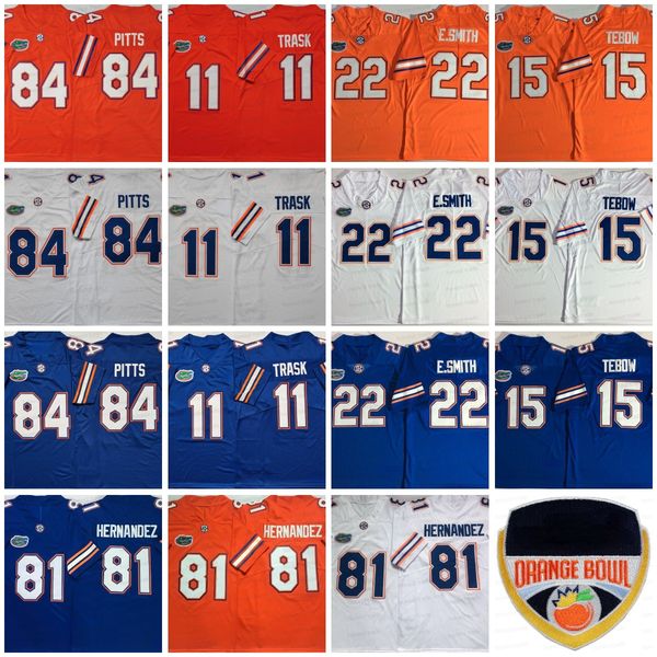

ncaa 22 emmitt smith football jersey 15 tim tebow 11 kyle trask 84 kyle pitts 81 aaron hernandez florida orange blue white college mens jers, Black