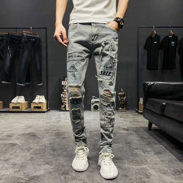 

pants men's fog jeans fashion slim fit men thin hole patch cropped elastic skull printed beggar justi biber ripped hip hop designer, Blue