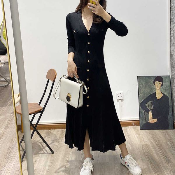 

casual dresses autumn knitted long skirt light luxury celebrity style fashion temperament sweater dress long sleeve, Black;gray