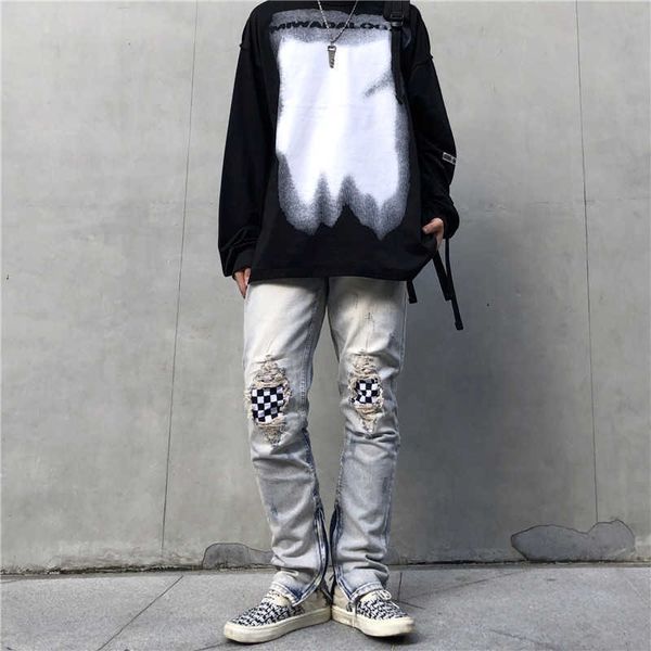 

men's hoody fashion designer pants men's fog jeans fashion high street wind hole patch cloth checkerboard slim fit zipper brand in, Blue