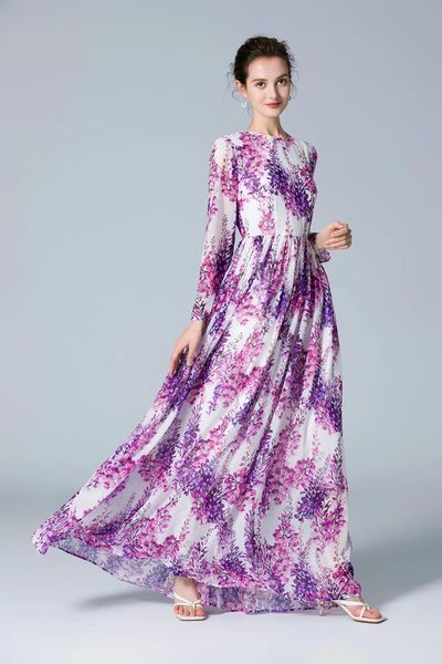 

women's dress spring and summer fashion round collar long sleeve printed long design, Black