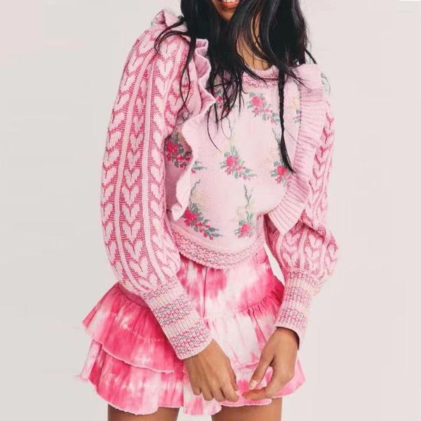 

women's sweaters jastie autumn women's knitted floral embroidery jacquard wood ear edge lantern sleeve pullover coats 2022, White;black