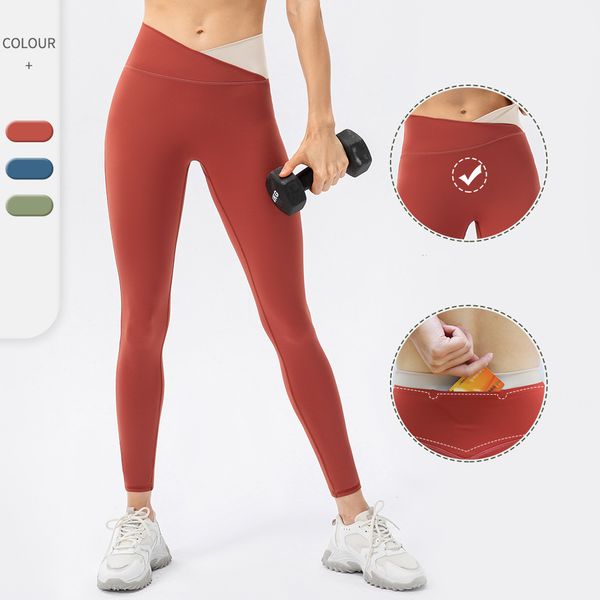 

lu-13 women nude sense no awkward line yoga pants clash color cross-waist exercise tight lifting hip fitness pants