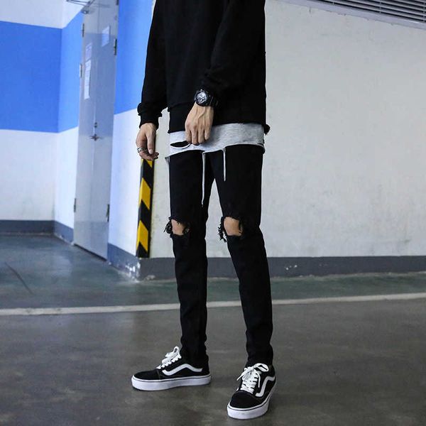 

pants men's fashion fog jeans black ripped men women high street dark hip hop slim leggings male justi biberfashion fit designer luxury, Blue