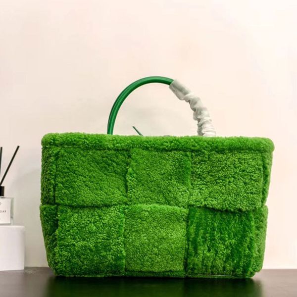 

lamb wool tote bag classic check shopping handbag ladies wool handbags quality genuine leather purse zipper pocket two piece set