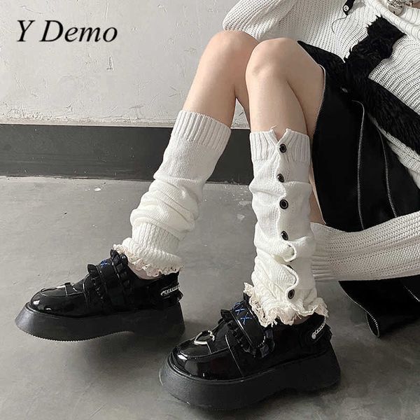 

socks hosiery y demo grunge y2k elastic side buttons lace patchwork women mid-calf leg warmers autumn winter t221107, Black;white