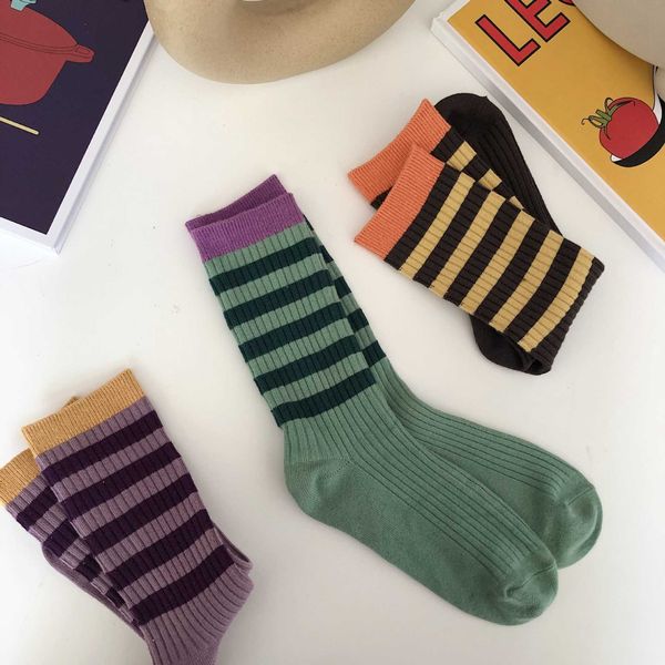

socks hosiery fashion women 2021 new long girls korea style striped color breathable casual cotton lady t221102, Black;white