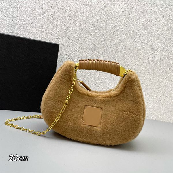 

lambs wool shoulder bag wristlet handbags fashion crossbody bags winter metal hardware chain women half moon clutch purse zipper closure cel