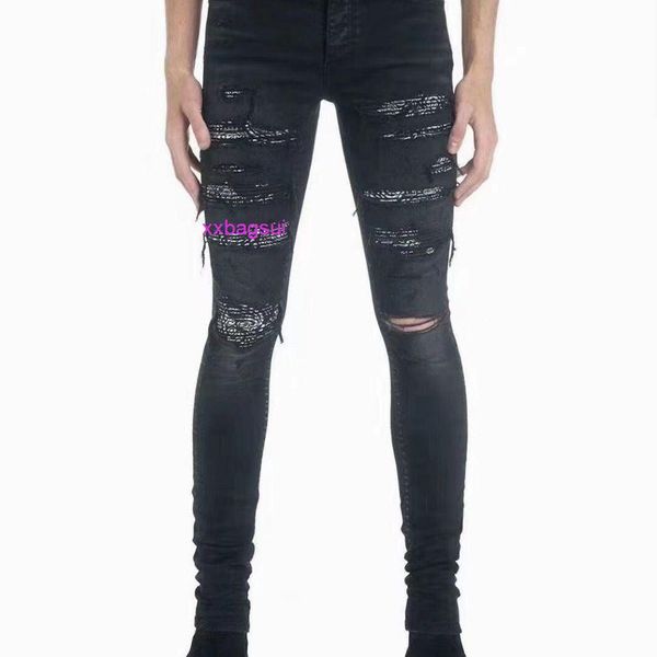 

designer amirs jeans for mens black cashew flower big hole jeans boys ins super fire high street trend elastic slim fit pants, Blue