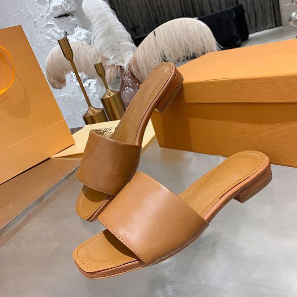 

leather embossed letters slippers solid colors brown orange black low chunky heels women slides