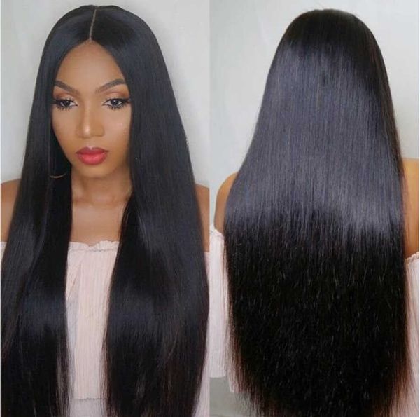 

hair lace wigs women's long straight hair medium split real lace headgear 4x4lace front wig, Black