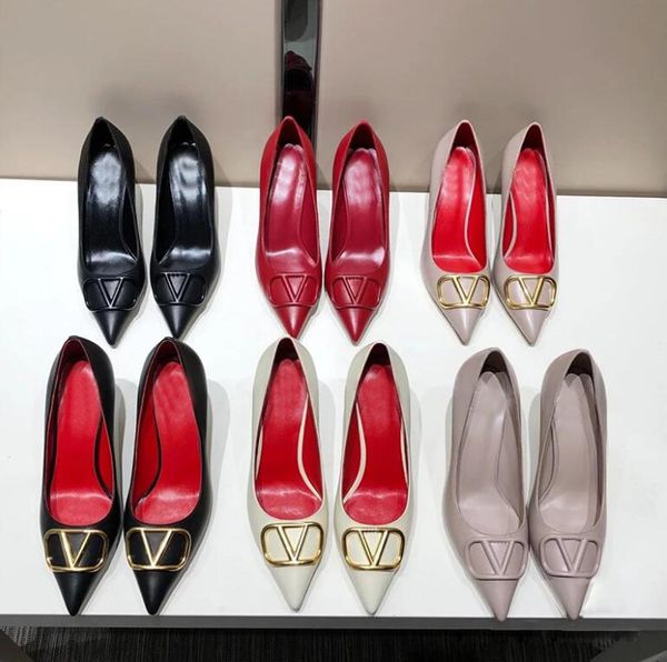 

high heel shoes v metal buckle shallow mouth women's shoes 4cm 6cm 8cm 10cm thin heels genuine leather nude black fashion sandals with