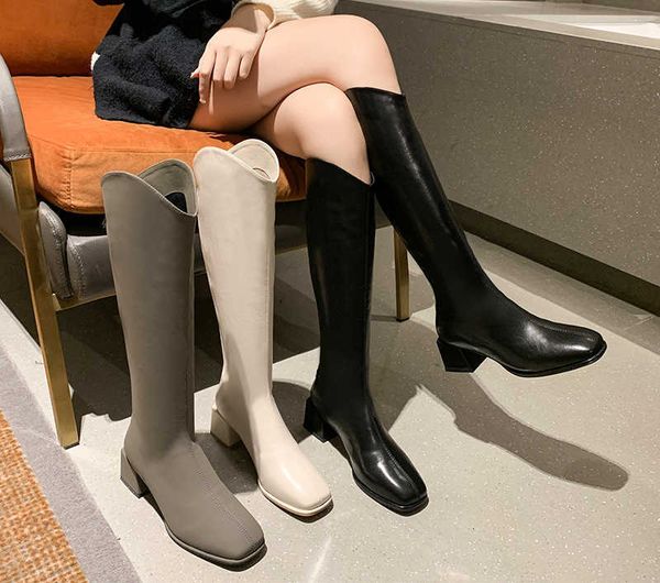 

long boots women's knee length new fashion in autumn and winter style thick heel back zipper square head shoes, Black