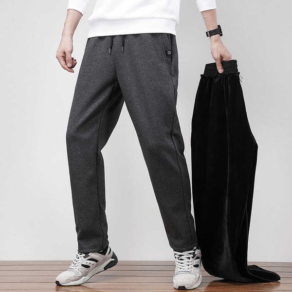 

casual pants in autumn and winter men's plush thickened solid color cotton sanitary cropped keep warm, Black