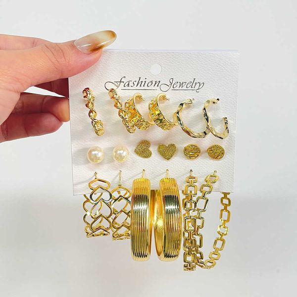 

new round charm combination exaggerated geometric earrings 9-piece set versatile, Golden