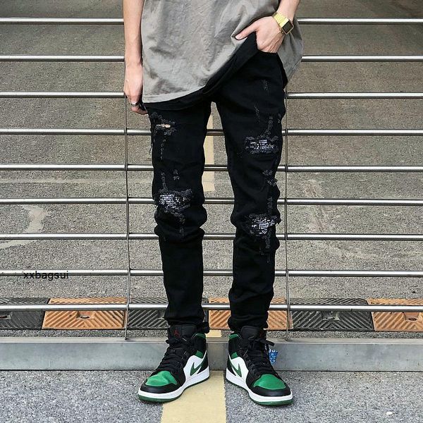 

nut american 2023 european amirs used cashew designer flower jeans and black hip-hop slim hole fit small foot fog jeans men's and women, Blue