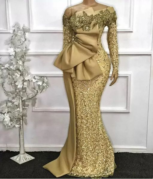 

elegant african evening dresses long sleeves sequin mermaid formal dress aso ebi gold beaded prom gowns robe de soiree, Black;red