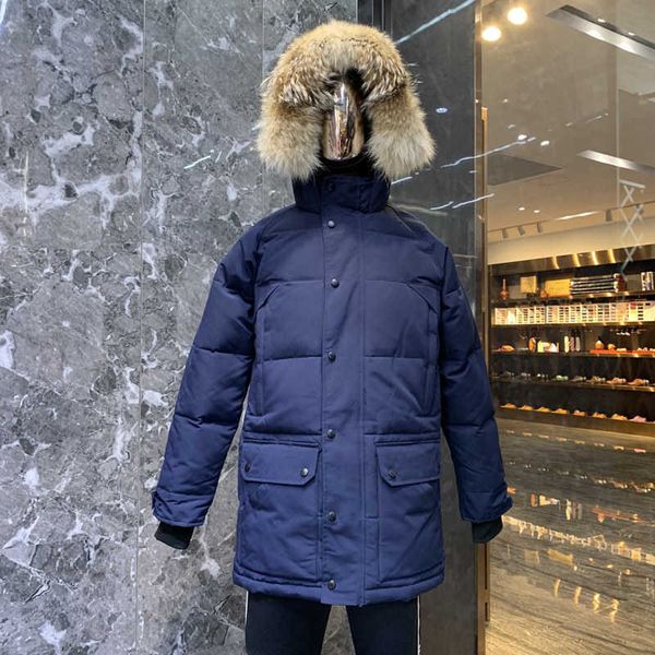 

designer luxury goosie down jacket fur ruff men cg winter fit warm canadas white goosing coat exterior pockets zipper stretch rib cuff the 5, Black