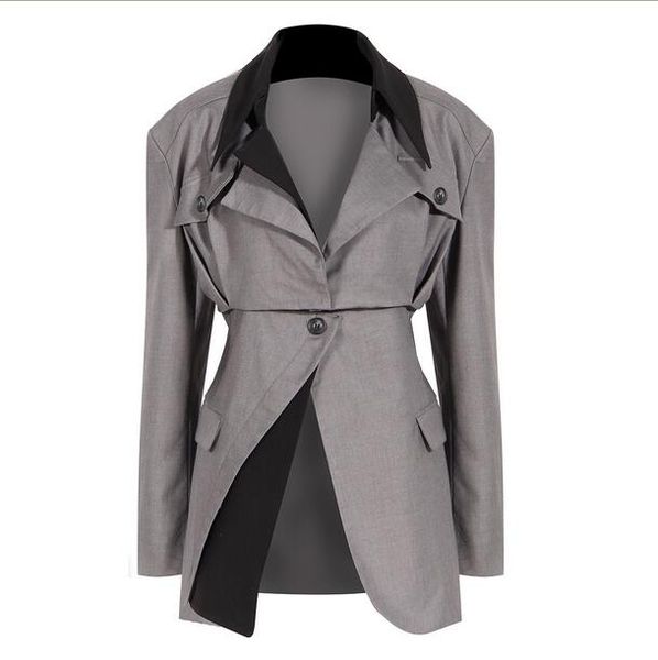 

women's suits loose fit khaki two ways wear irregular jacket new lapel long sleeve women coat fashion tide spring autumn, White;black